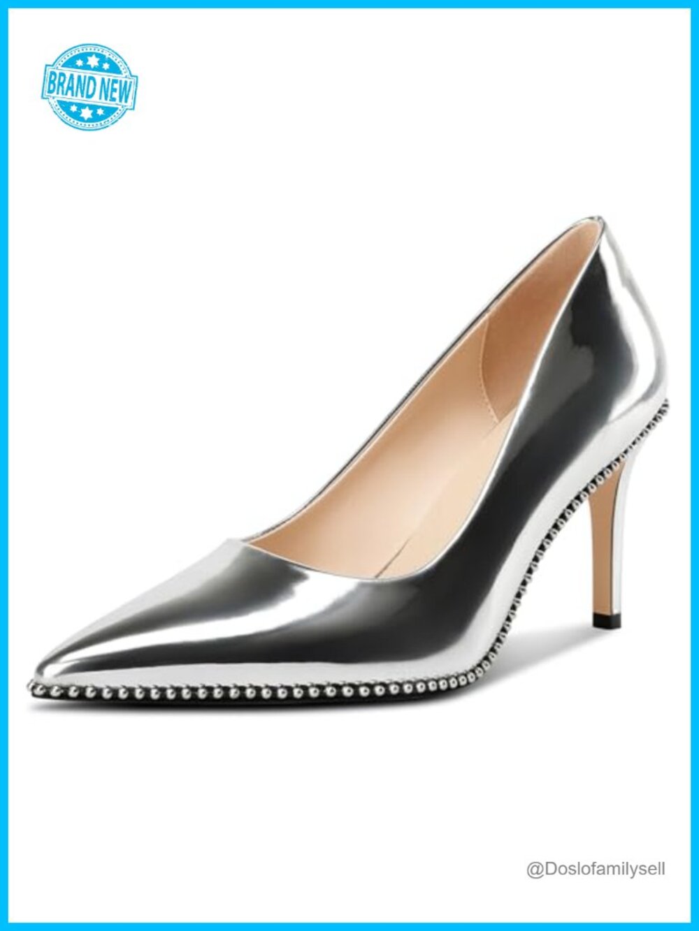Womens Stiletto Mid Heel Pointed Toe Pumps Slip-On Beaded Prom Wedding Patent